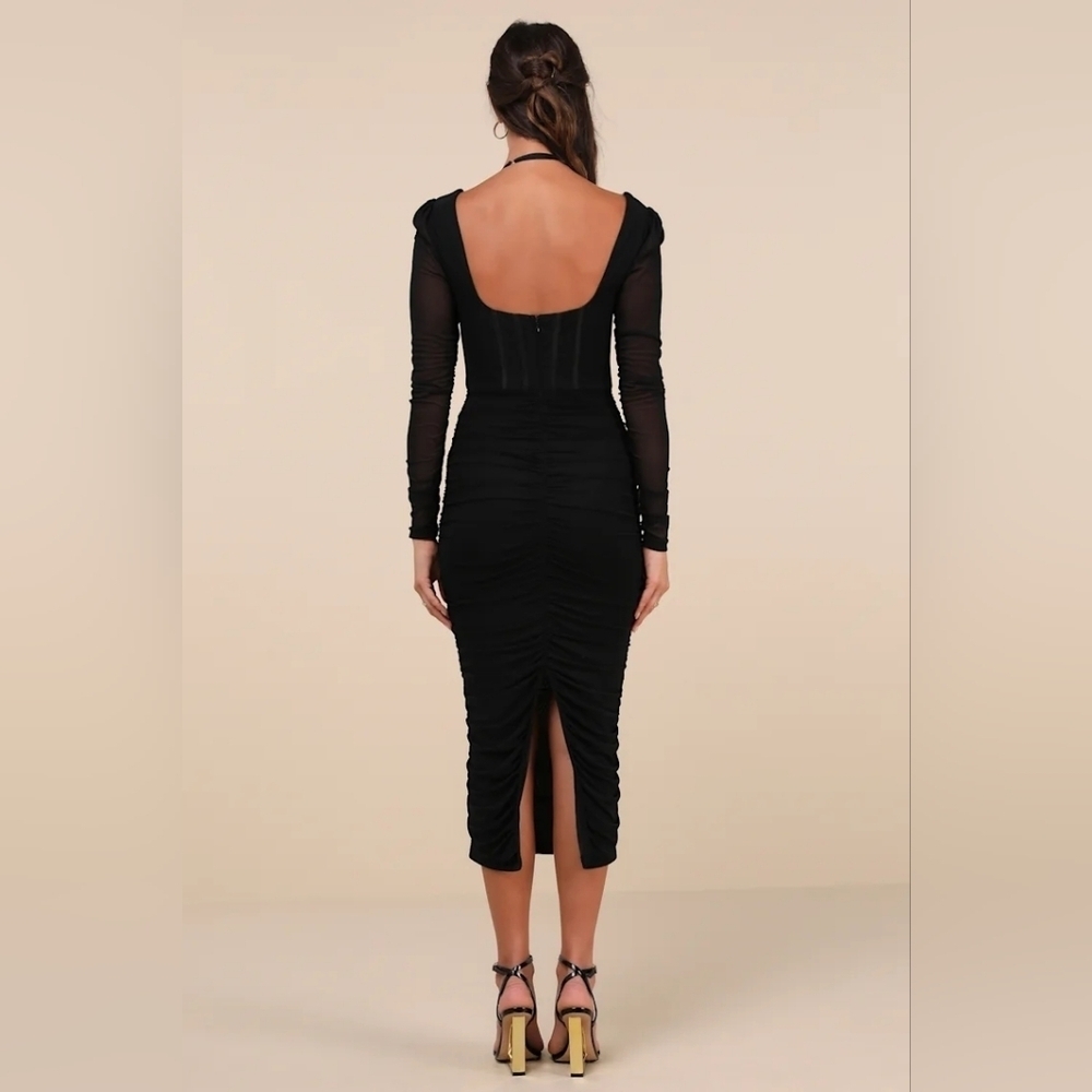 Lulus Dramatic Demure Black Mesh Halter Bustier Midi Dress M Wedding Party - Picture 5 of 10